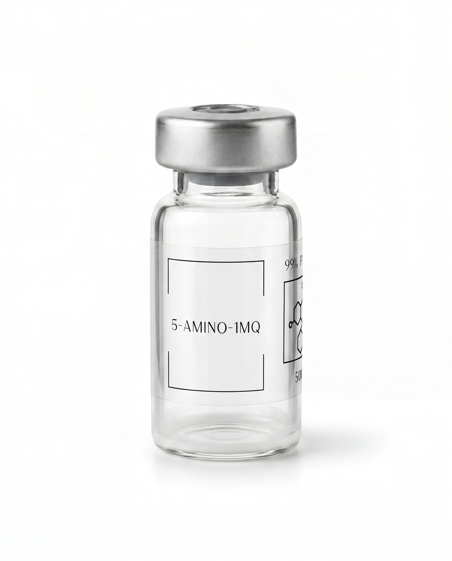 Thailand Peptides 5-Amino-1MQ 50 MG vial, clear glass with brushed aluminum cap and clear film label