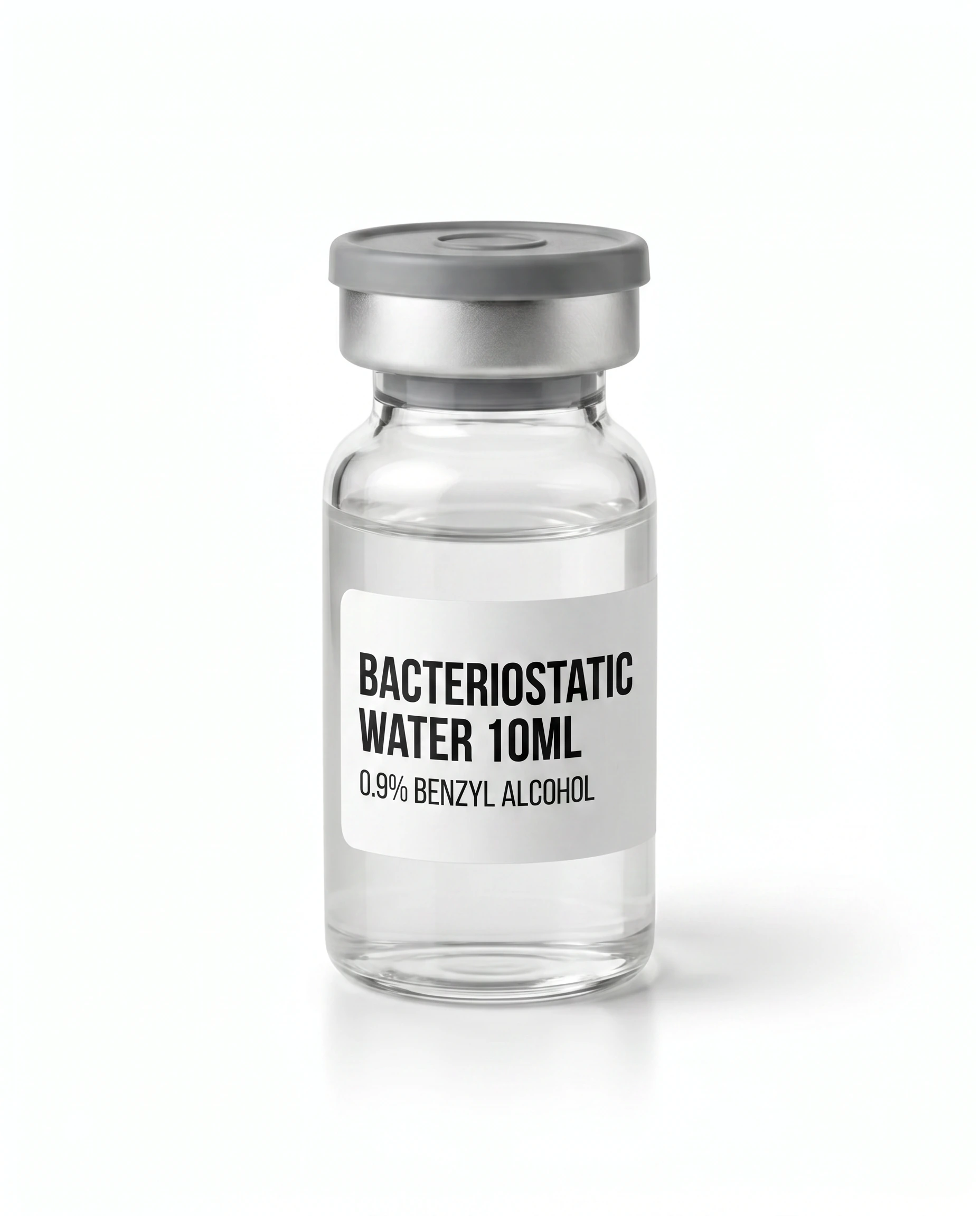 Thailand Peptides Bacteriostatic Water 10 ML vial, clear glass with brushed aluminum cap and clear film label