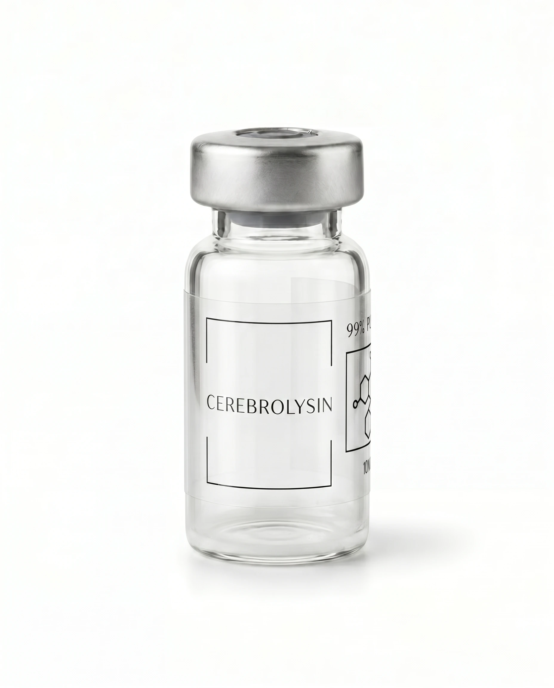 Thailand Peptides Cerebrolysin 10 MG vial, clear glass with brushed aluminum cap and clear film label