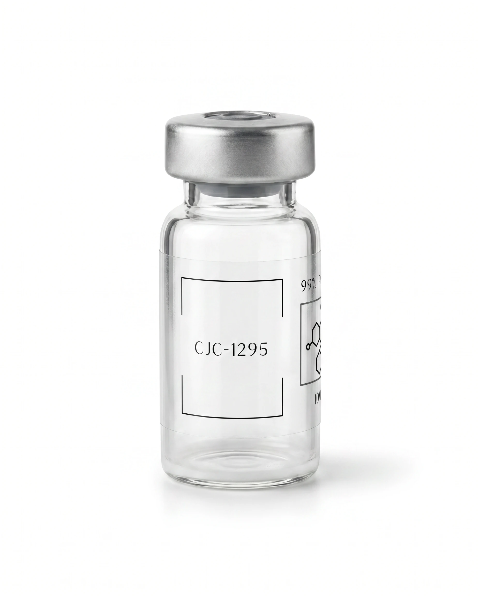 Thailand Peptides CJC-1295 10 MG vial, clear glass with brushed aluminum cap and clear film label