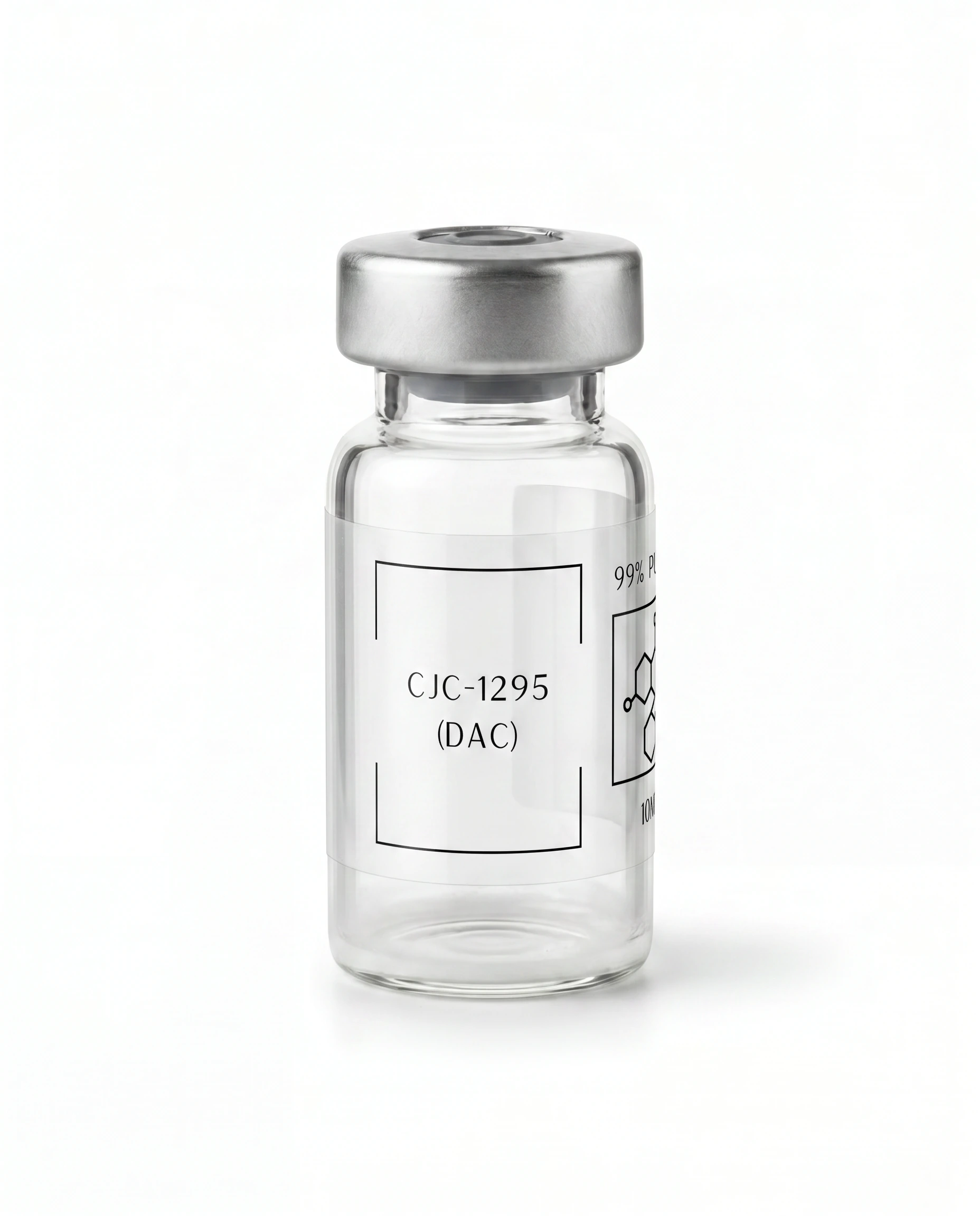 Thailand Peptides CJC-1295 DAC 10 MG vial, clear glass with brushed aluminum cap and clear film label