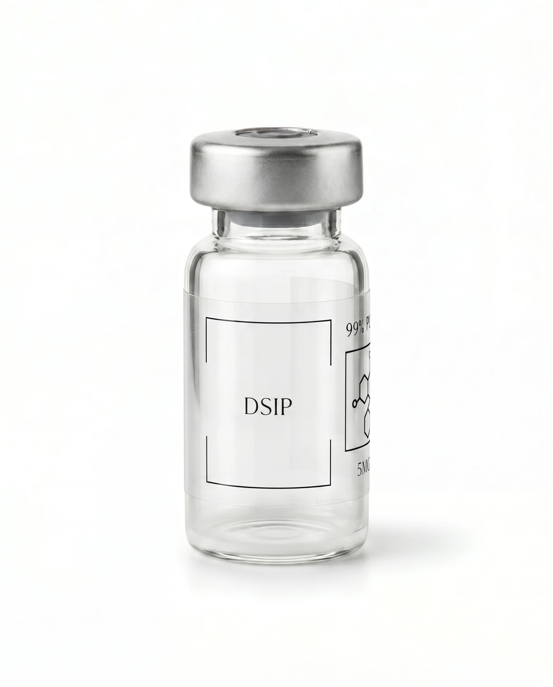 Thailand Peptides DSIP 5 MG vial, clear glass with brushed aluminum cap and clear film label
