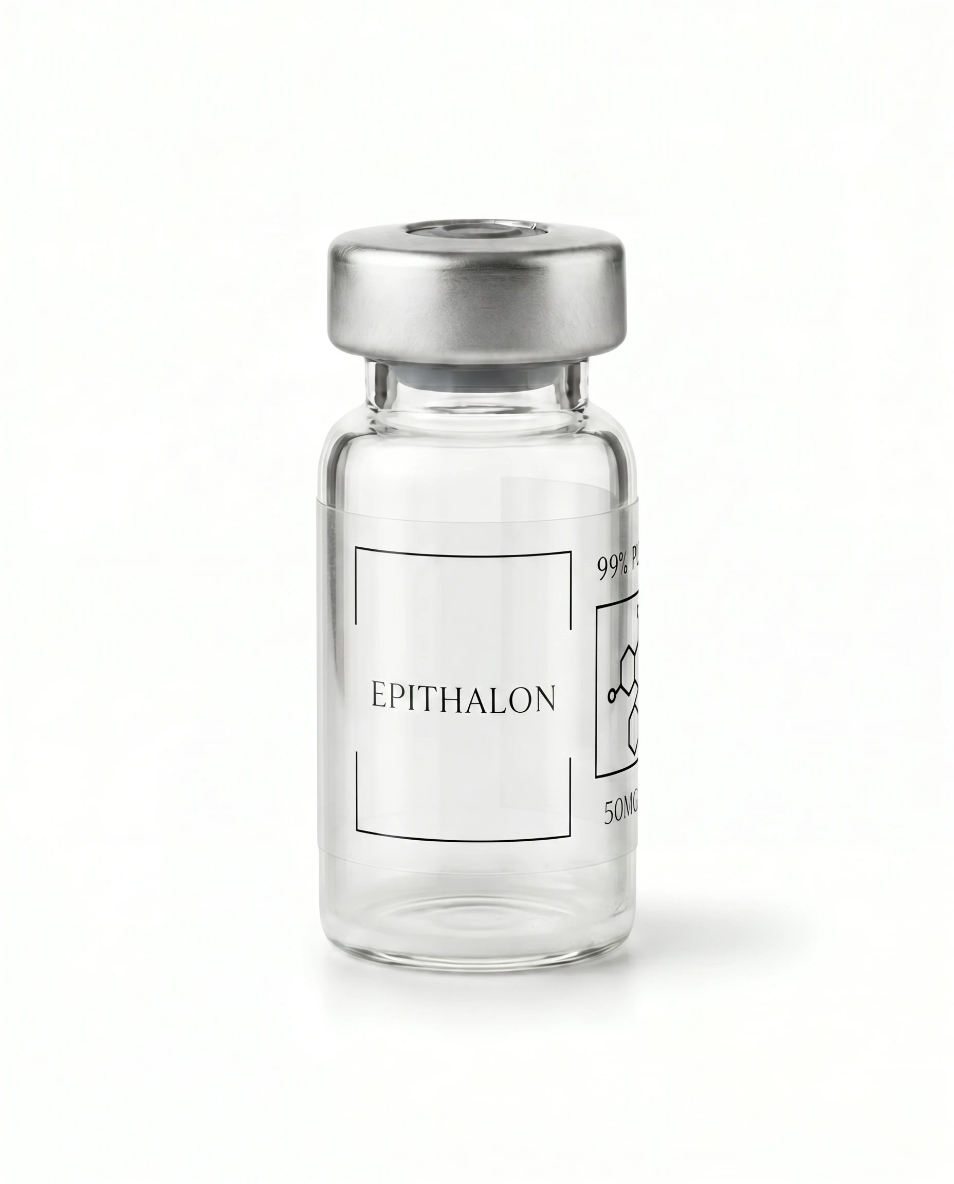 Thailand Peptides Epithalon 50 MG vial, clear glass with brushed aluminum cap and clear film label