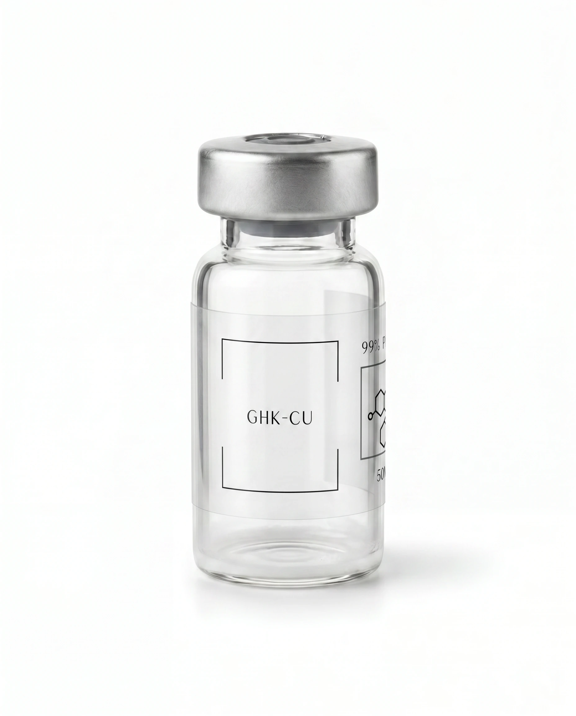 Thailand Peptides GHK-Cu 50 MG vial, clear glass with brushed aluminum cap and clear film label