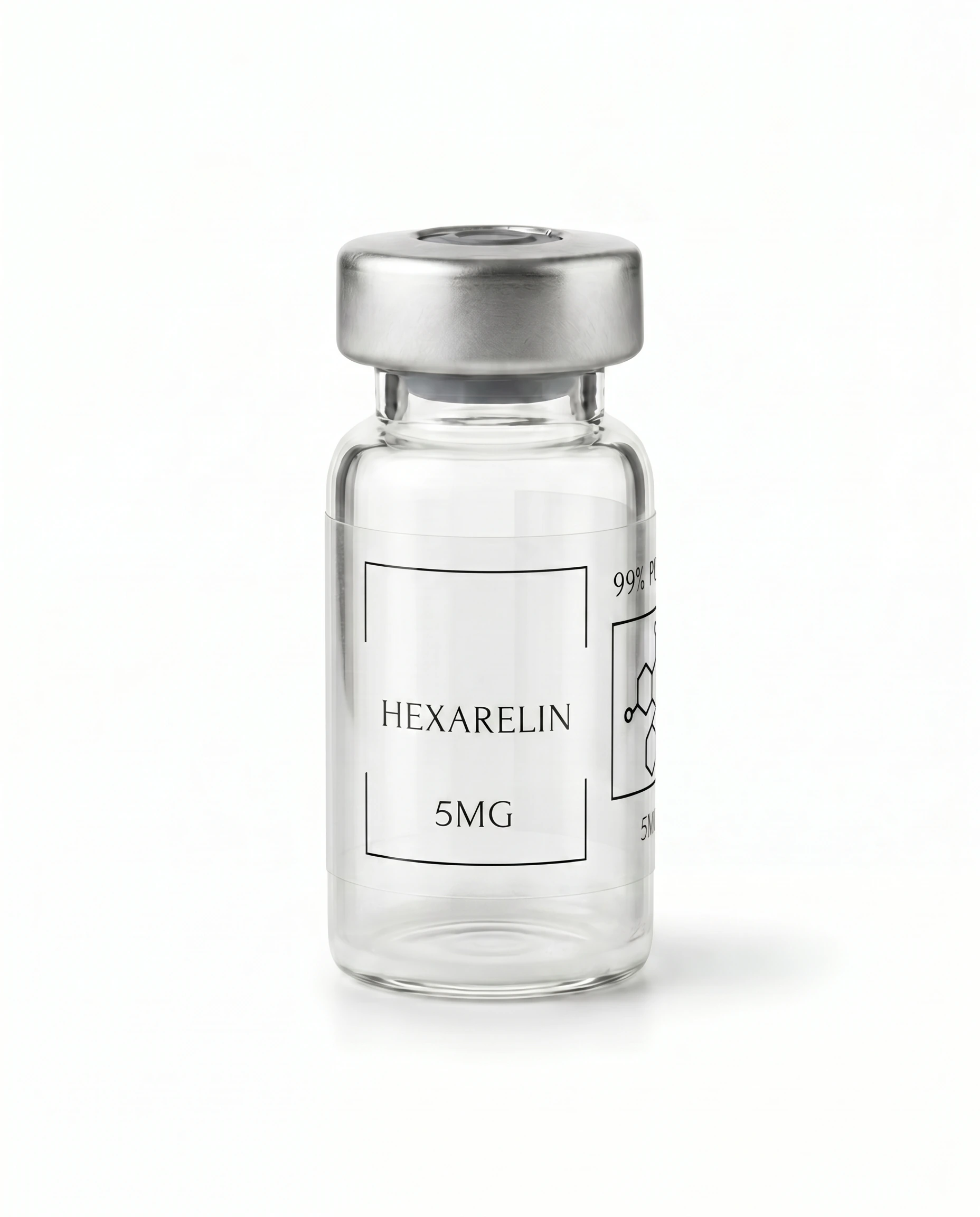 Thailand Peptides Hexarelin 5 MG vial, clear glass with brushed aluminum cap and clear film label