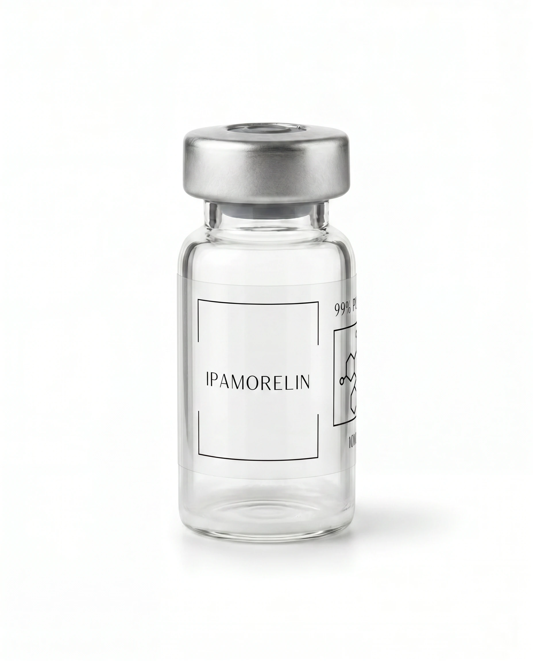 Thailand Peptides Ipamorelin 10 MG vial, clear glass with brushed aluminum cap and clear film label