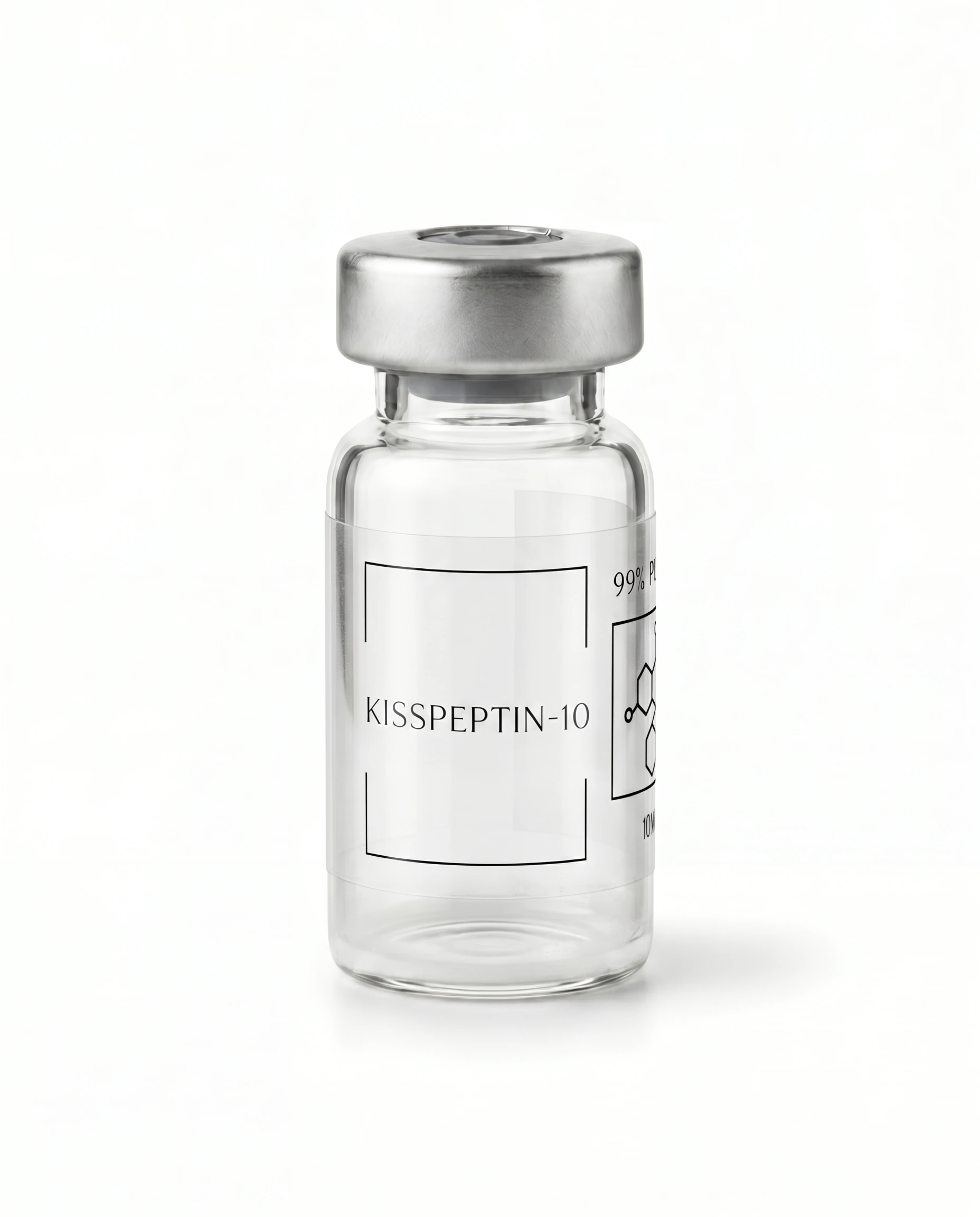 Thailand Peptides Kisspeptin-10 10 MG vial, clear glass with brushed aluminum cap and clear film label