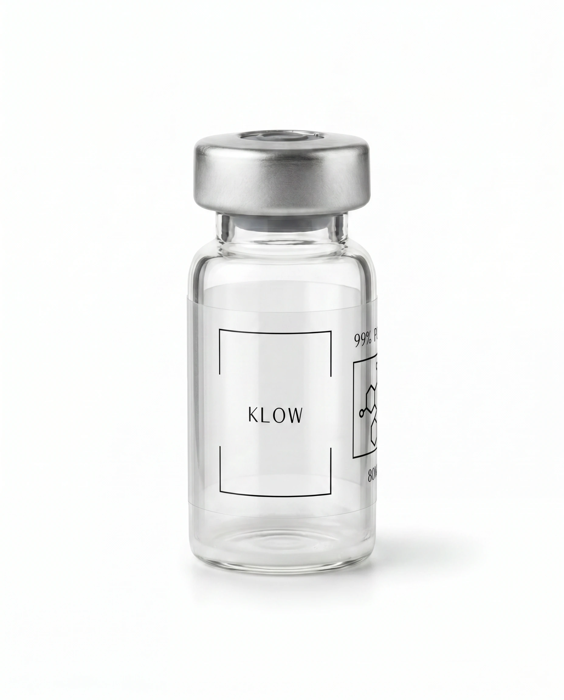 Thailand Peptides Klow 80 MG vial, clear glass with brushed aluminum cap and clear film label