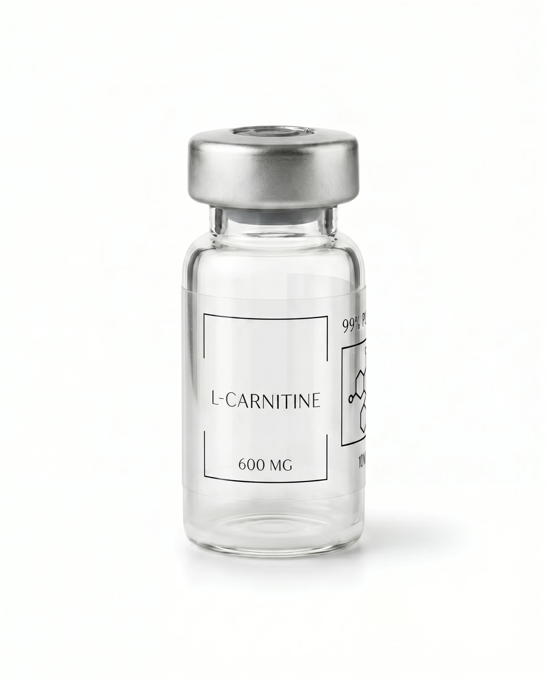 Thailand Peptides L-Carnitine 600 MG vial, clear glass with brushed aluminum cap and clear film label