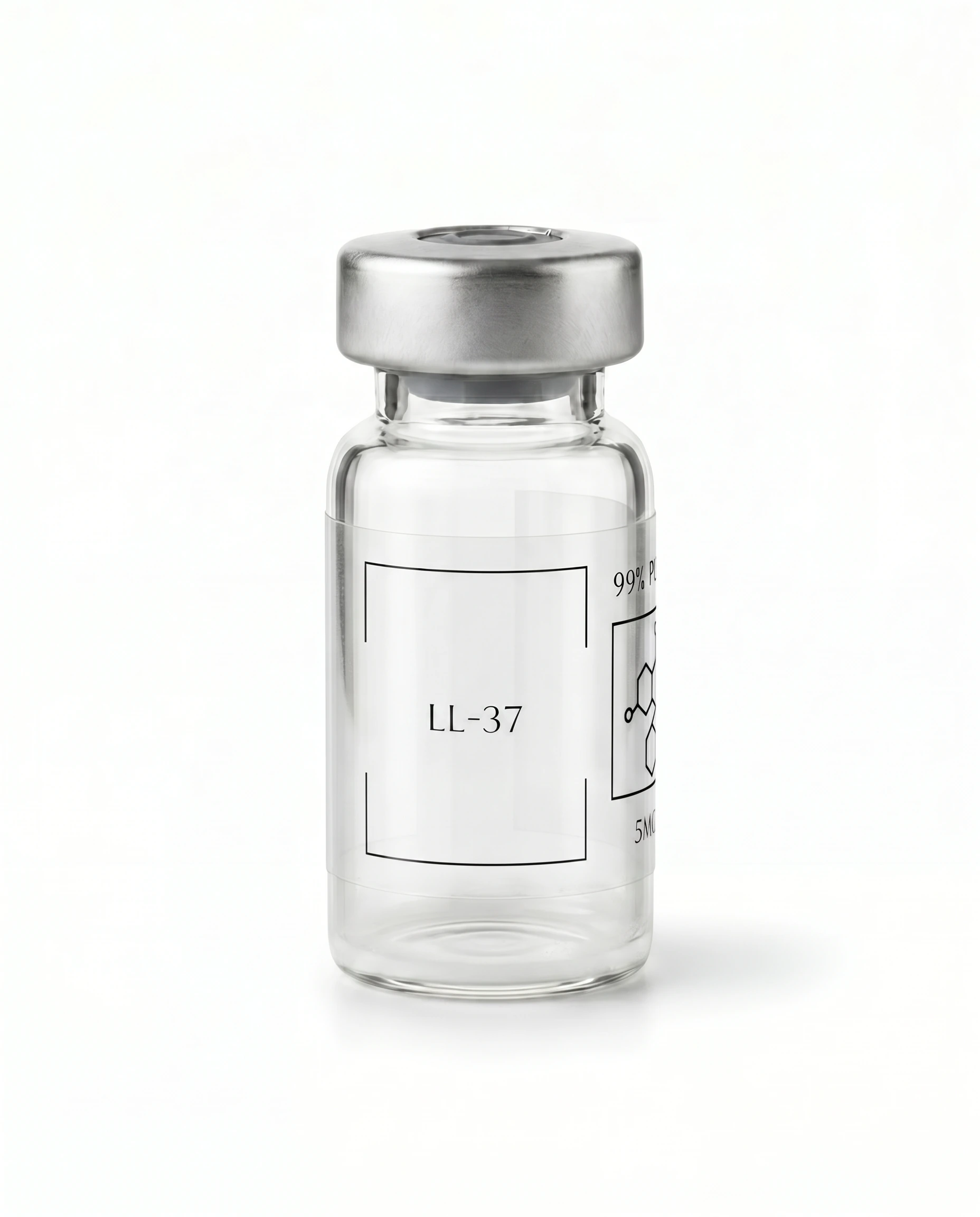 Thailand Peptides LL-37 5 MG vial, clear glass with brushed aluminum cap and clear film label