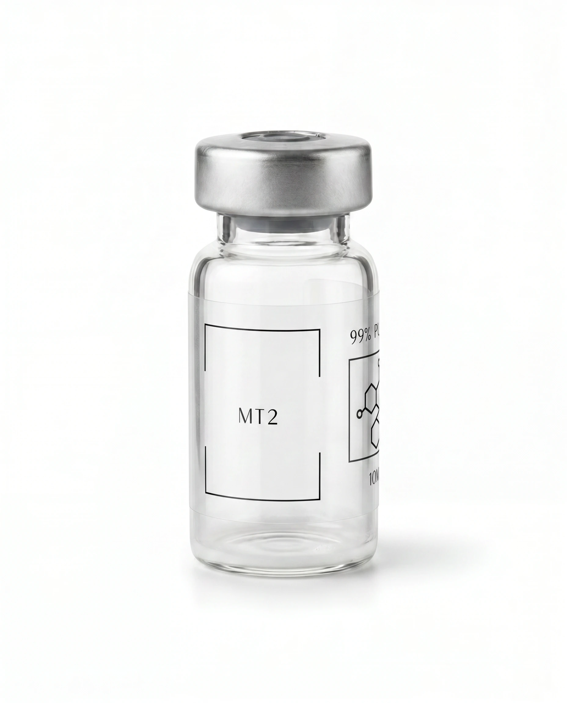 Thailand Peptides Melanotan-II 10 MG vial, clear glass with brushed aluminum cap and clear film label