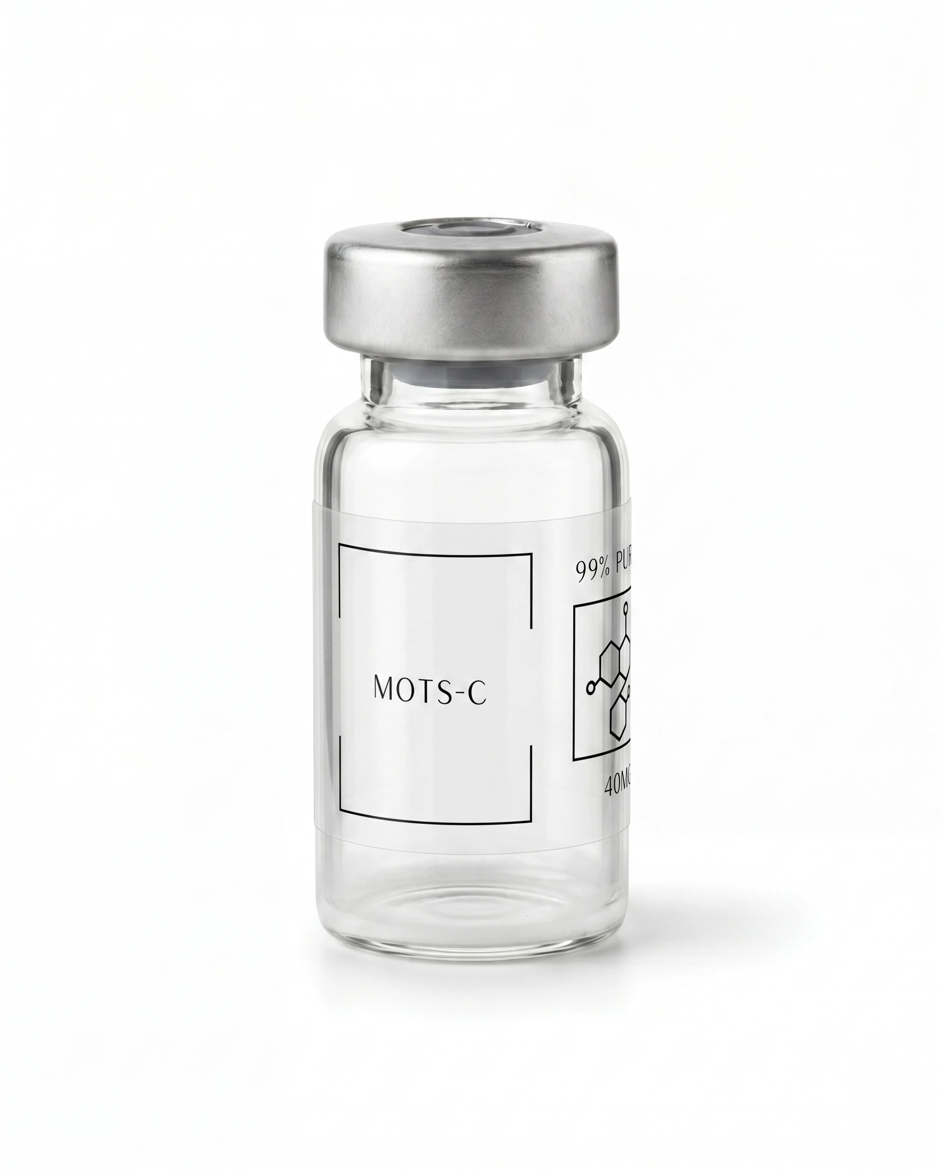 Thailand Peptides MOTS-c 40 MG vial, clear glass with brushed aluminum cap and clear film label