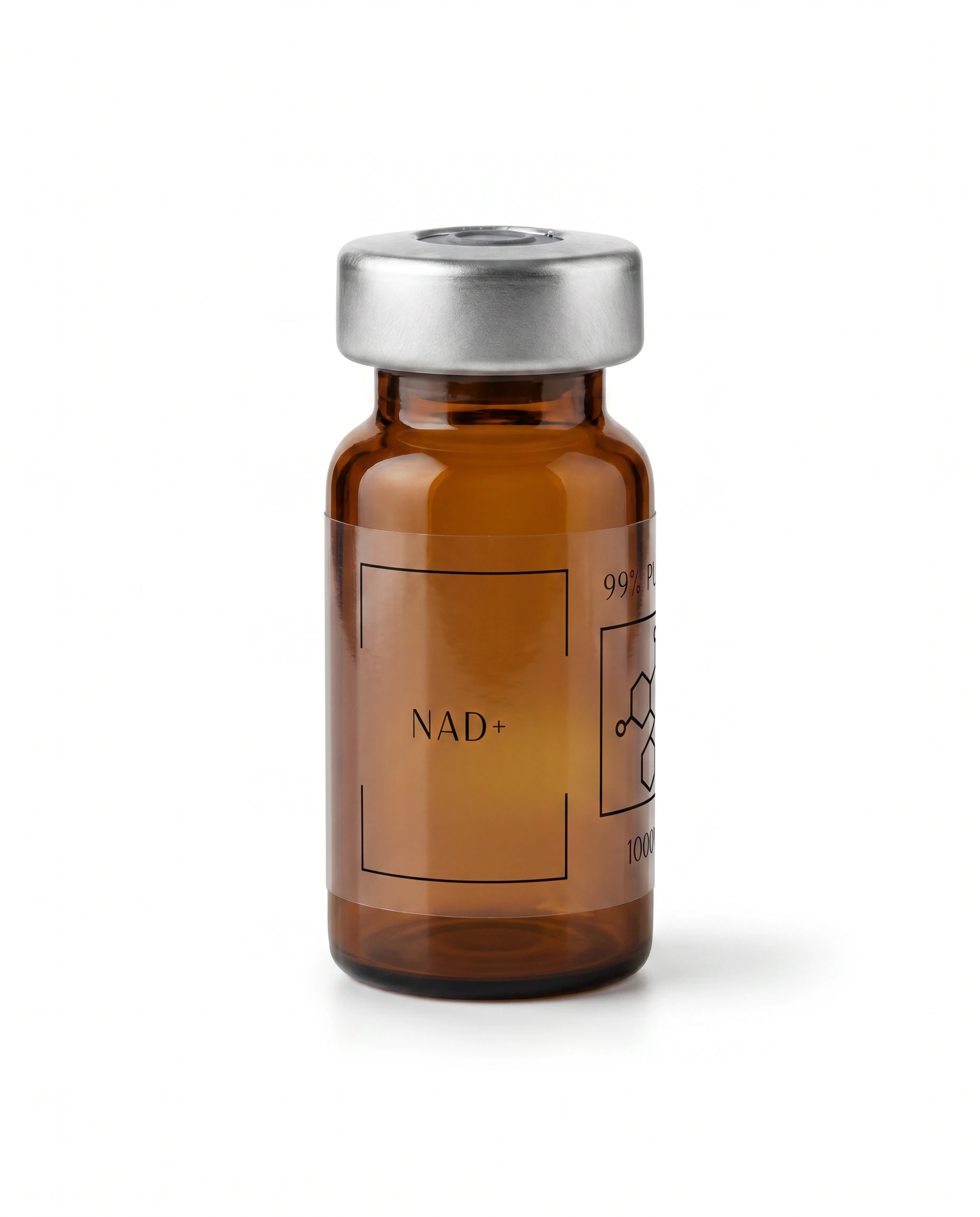 Thailand Peptides NAD+ 1000 MG vial, clear glass with brushed aluminum cap and clear film label
