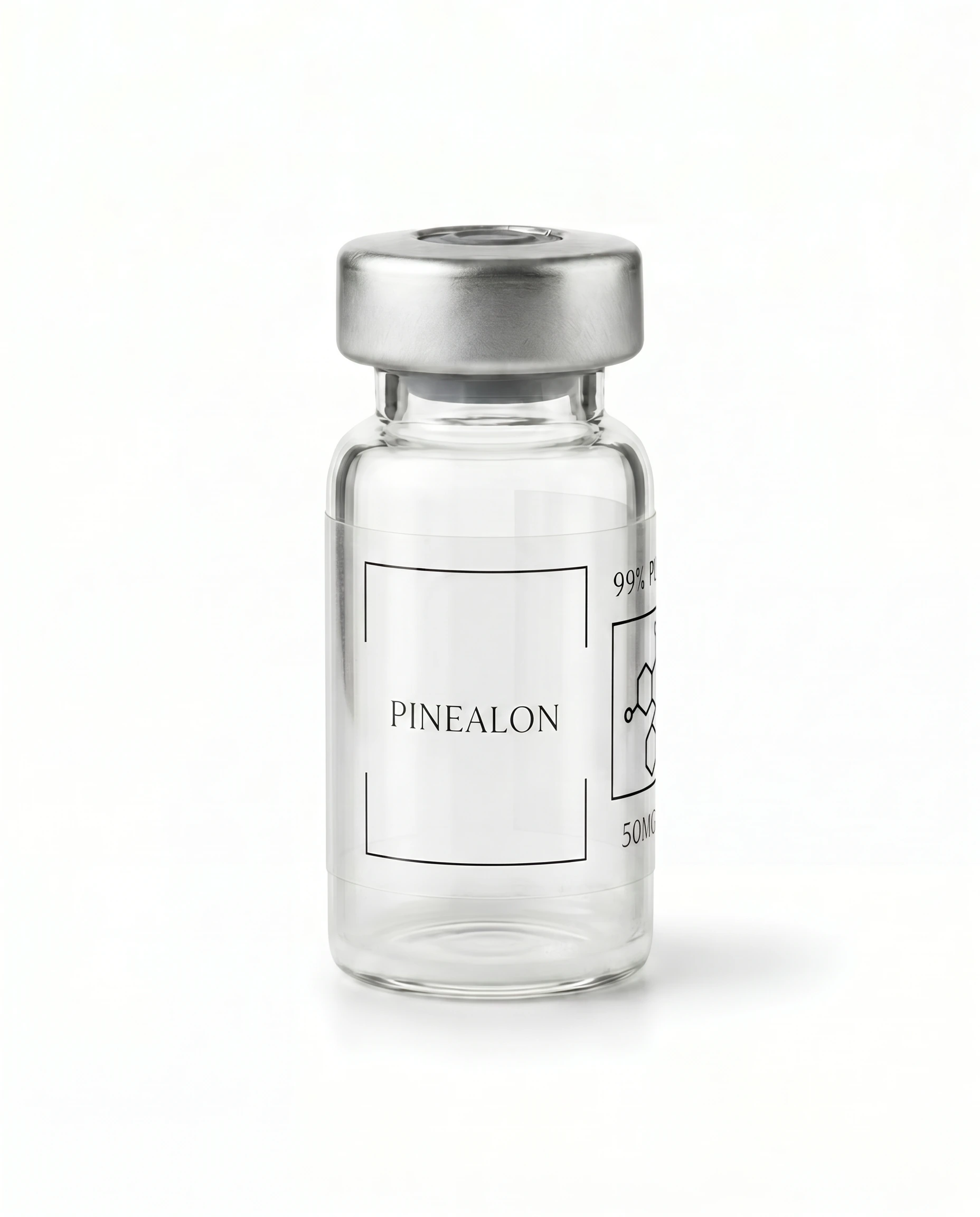 Thailand Peptides Pinealon 50 MG vial, clear glass with brushed aluminum cap and clear film label