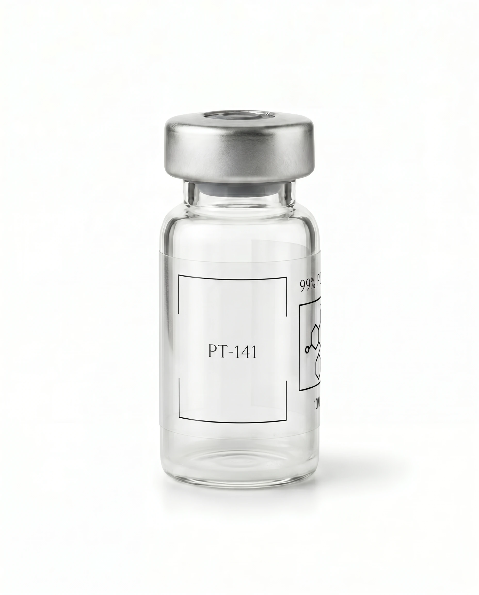 Thailand Peptides PT-141 10 MG vial, clear glass with brushed aluminum cap and clear film label
