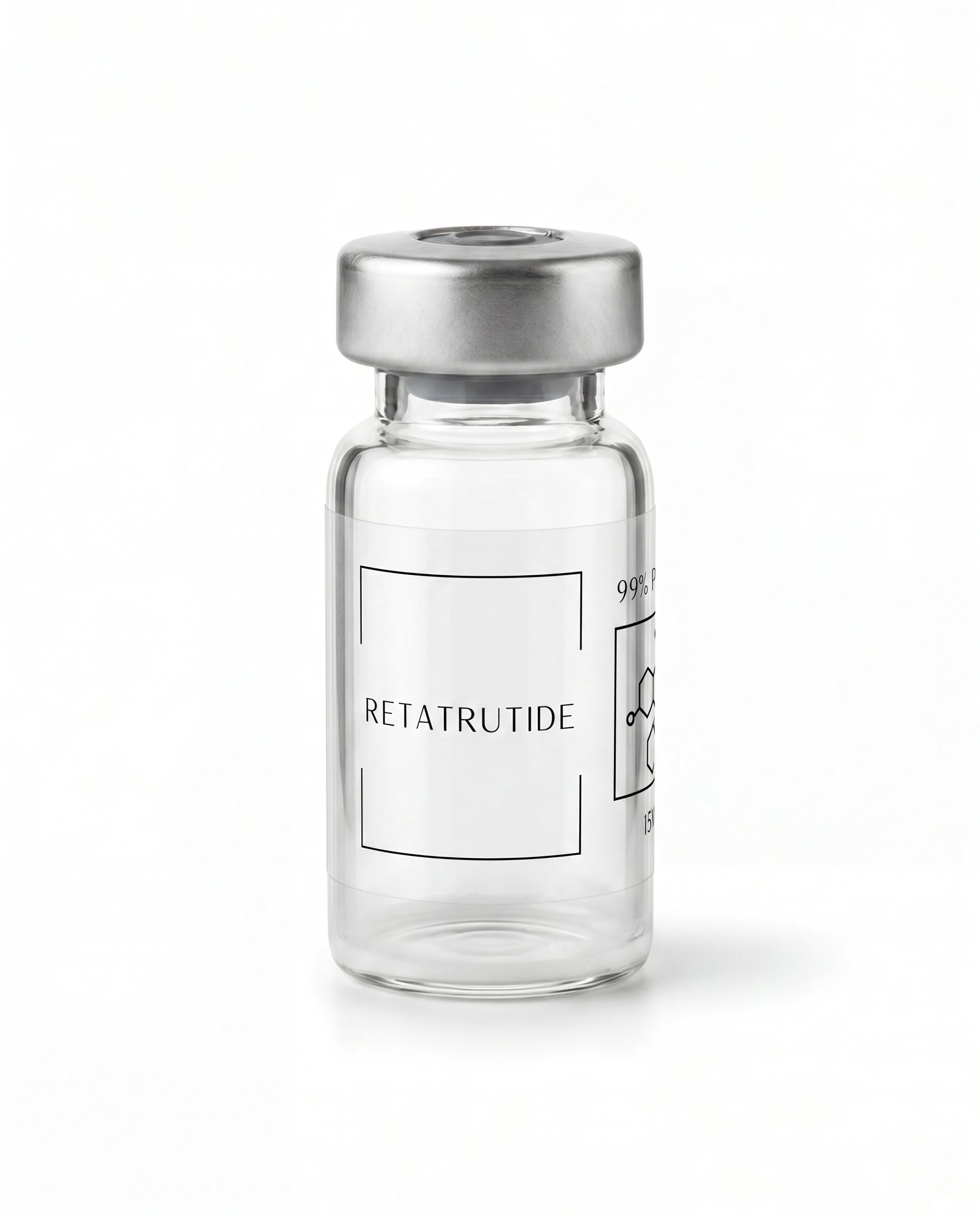 Thailand Peptides Retatrutide 15 MG vial, clear glass with brushed aluminum cap and clear film label