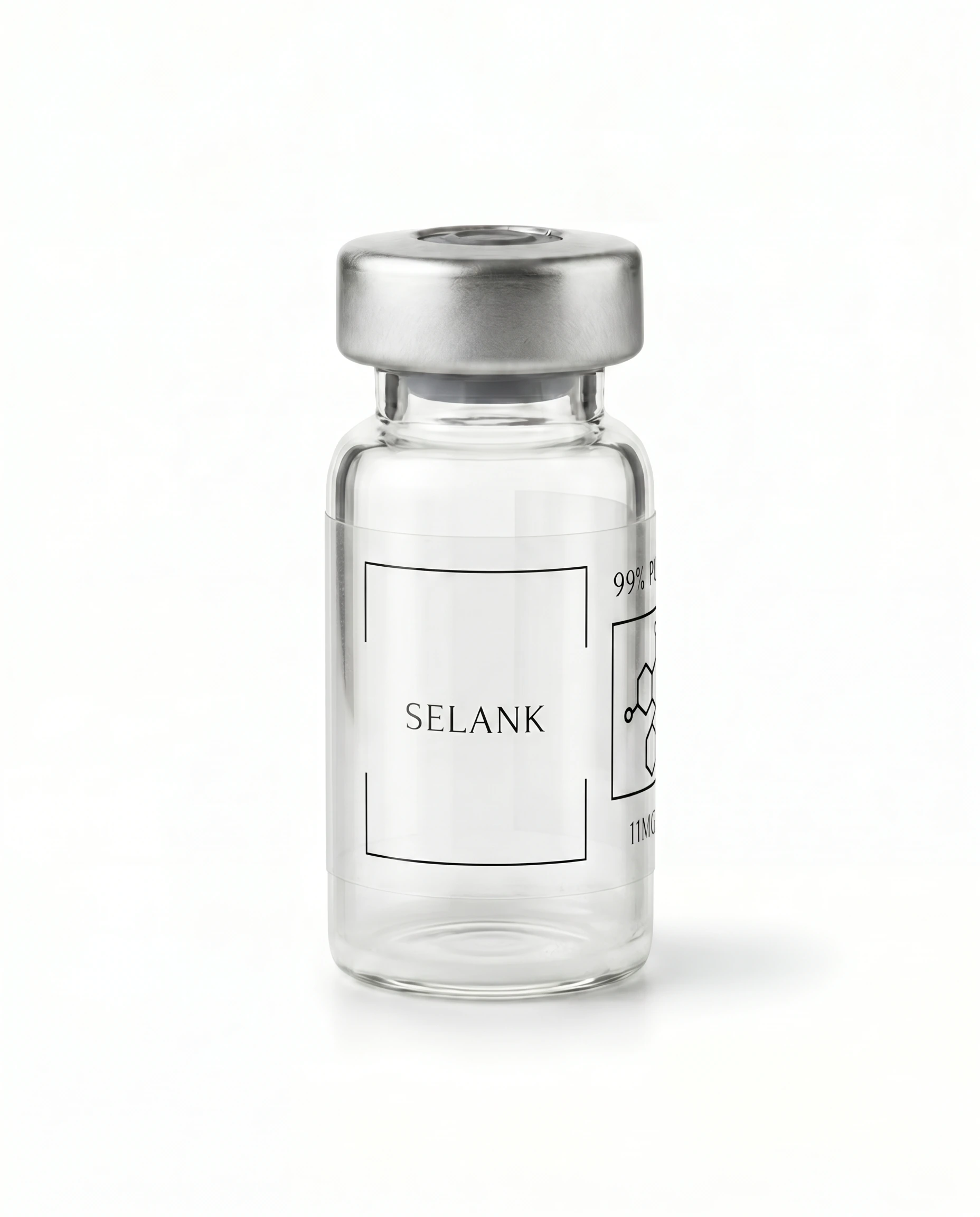 Thailand Peptides Selank 11 MG vial, clear glass with brushed aluminum cap and clear film label