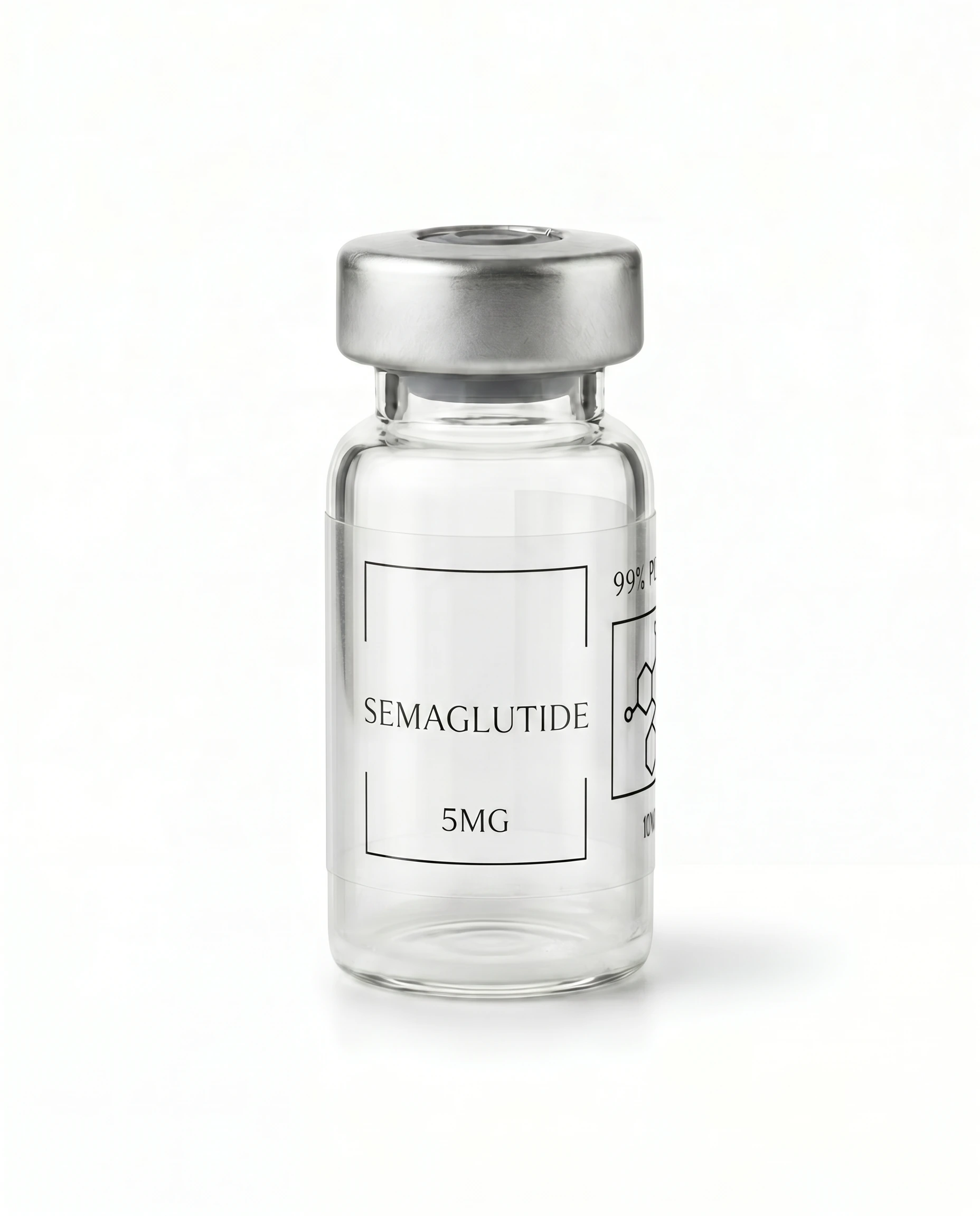 Thailand Peptides Semaglutide 5 MG vial, clear glass with brushed aluminum cap and clear film label