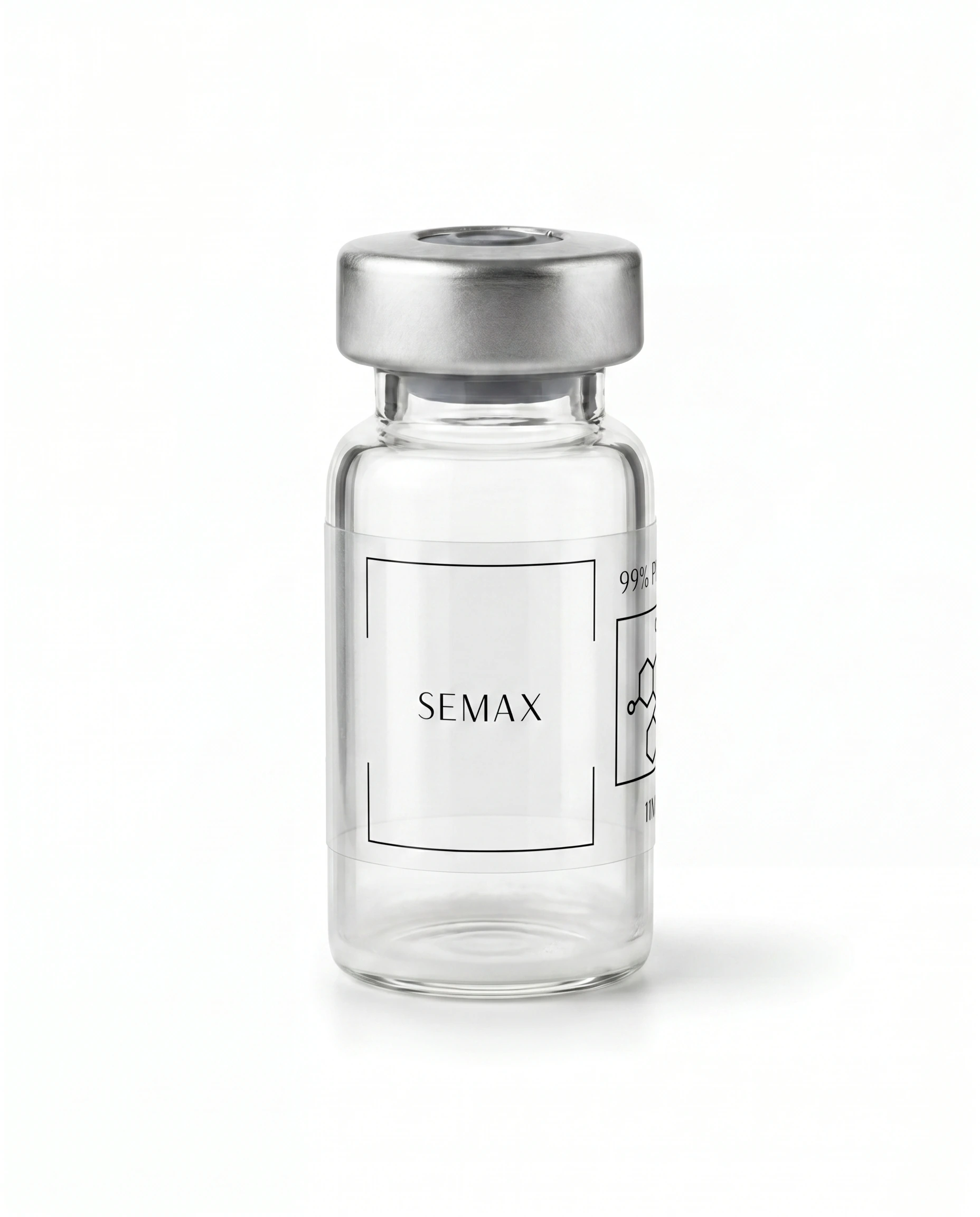 Thailand Peptides Semax 11 MG vial, clear glass with brushed aluminum cap and clear film label