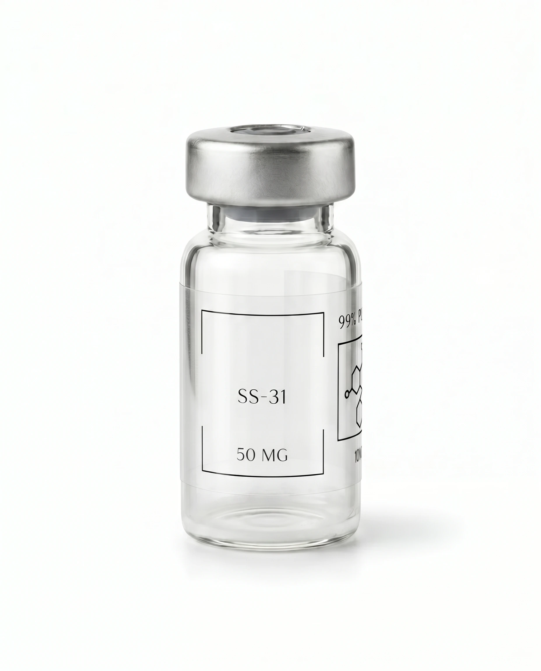 Thailand Peptides SS-31 50 MG vial, clear glass with brushed aluminum cap and clear film label