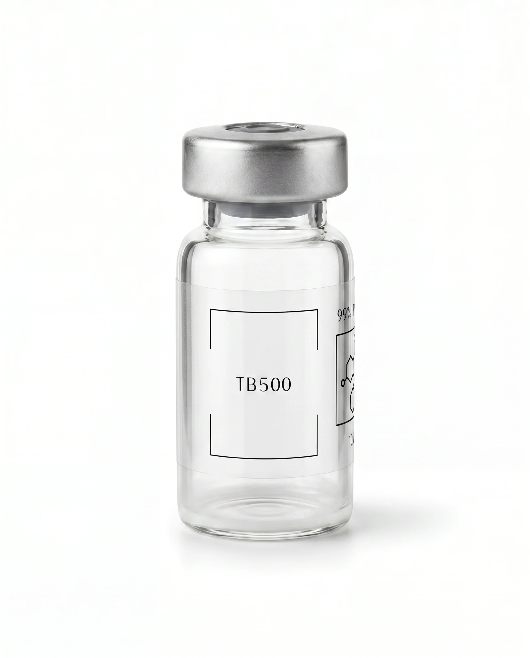Thailand Peptides TB-500 10 MG vial, clear glass with brushed aluminum cap and clear film label