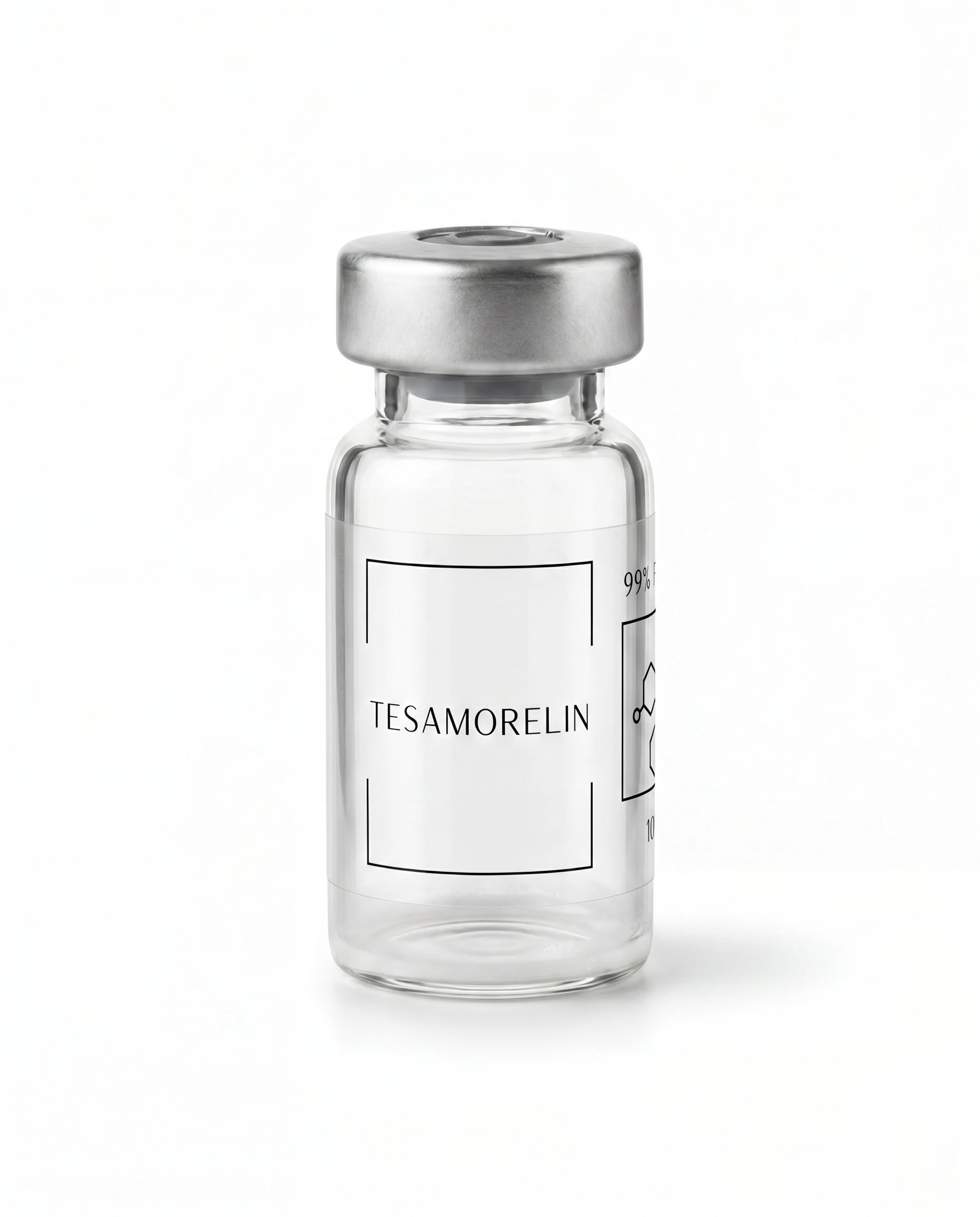 Thailand Peptides Tesamorelin 10 MG vial, clear glass with brushed aluminum cap and clear film label