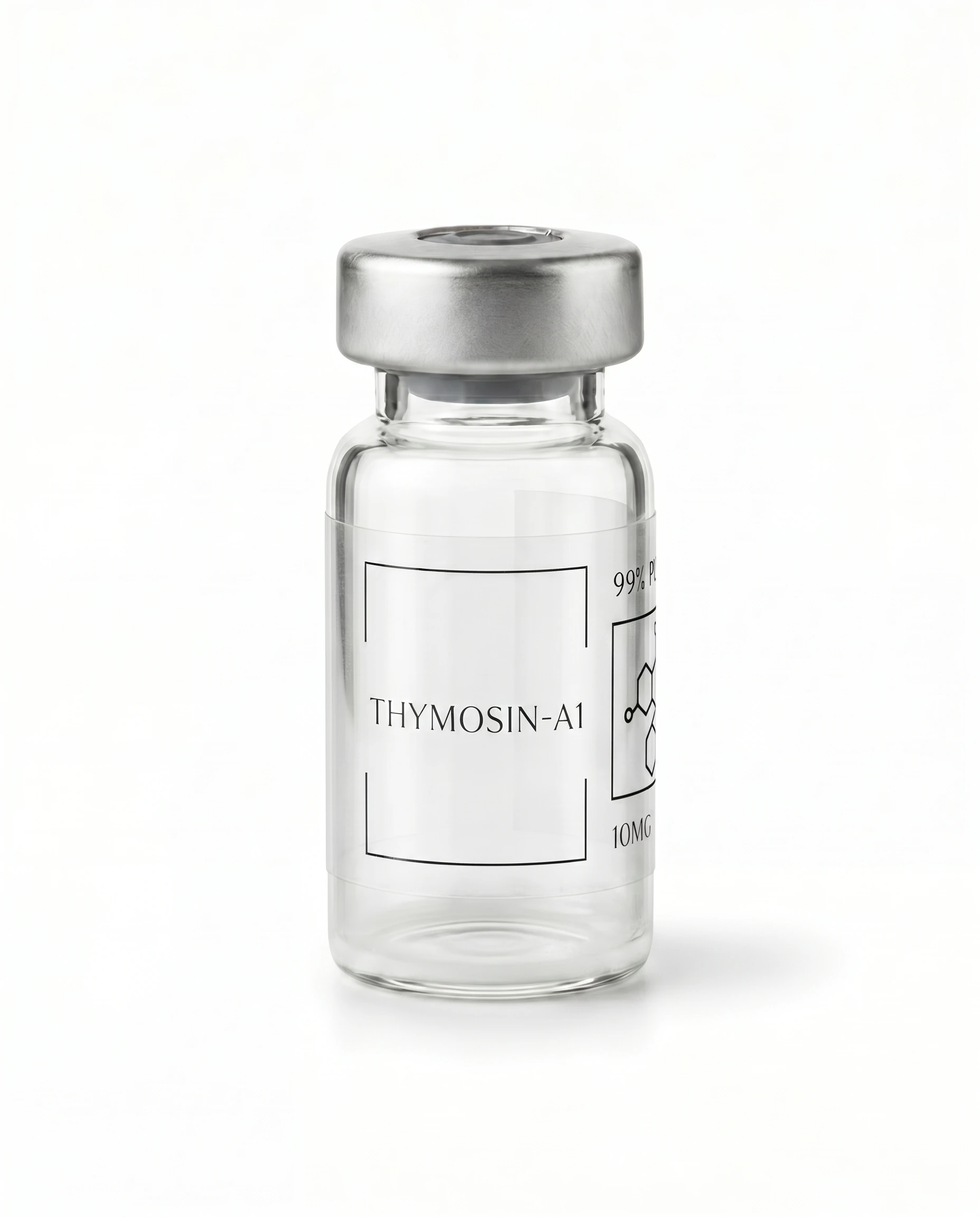 Thailand Peptides Thymosin-α1 10 MG vial, clear glass with brushed aluminum cap and clear film label