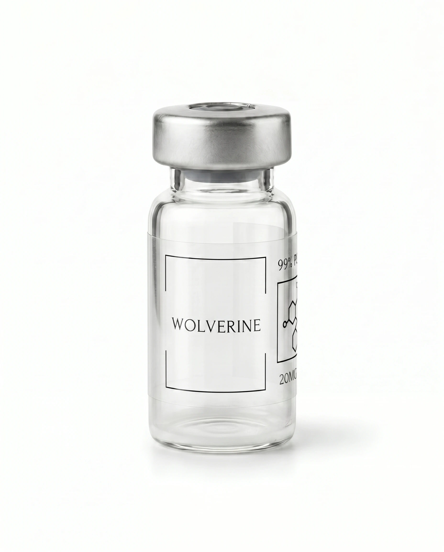 Thailand Peptides Wolverine 20 MG vial, clear glass with brushed aluminum cap and clear film label